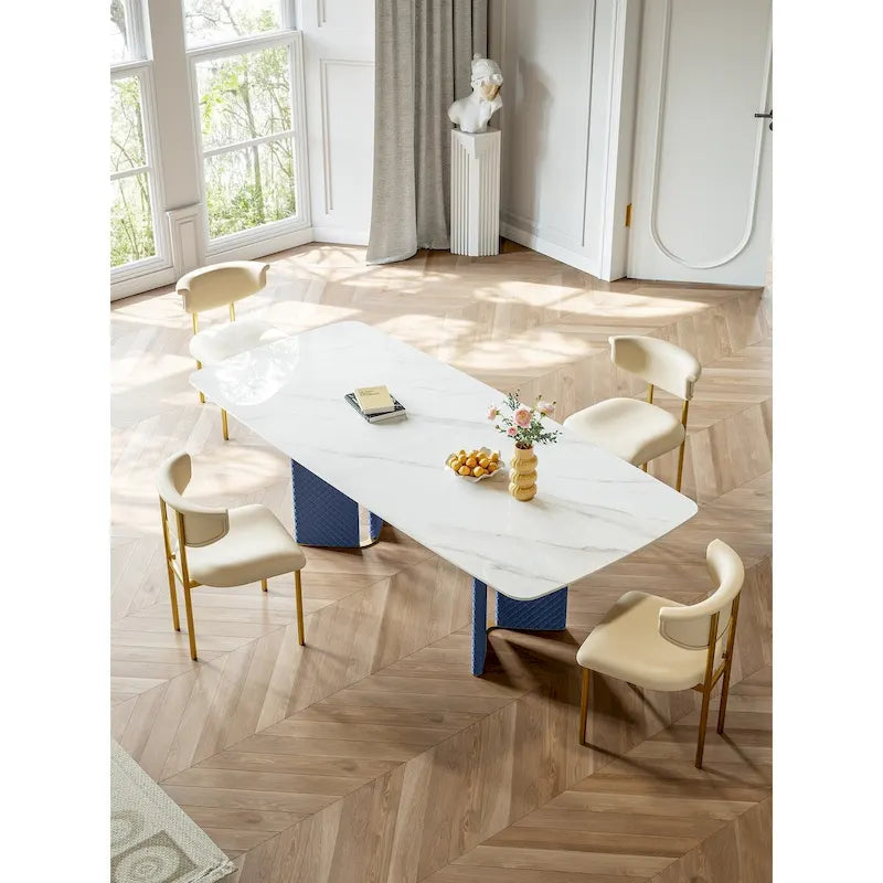 Mesa de comedor rectangular blanca de piedra sinterizada – 8 plazas, doble pedestal