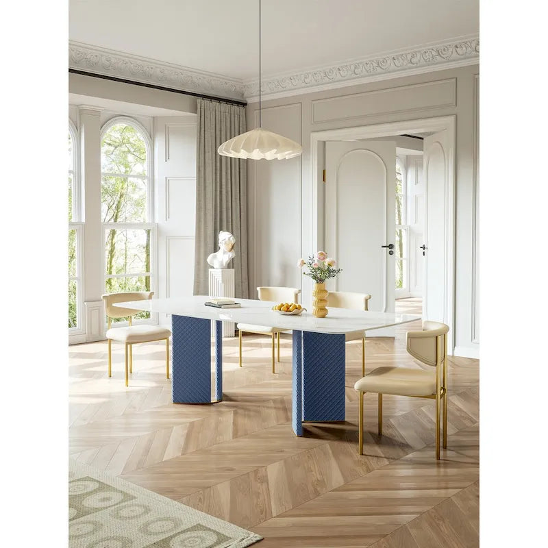 Mesa de comedor rectangular blanca de piedra sinterizada – 8 plazas, doble pedestal