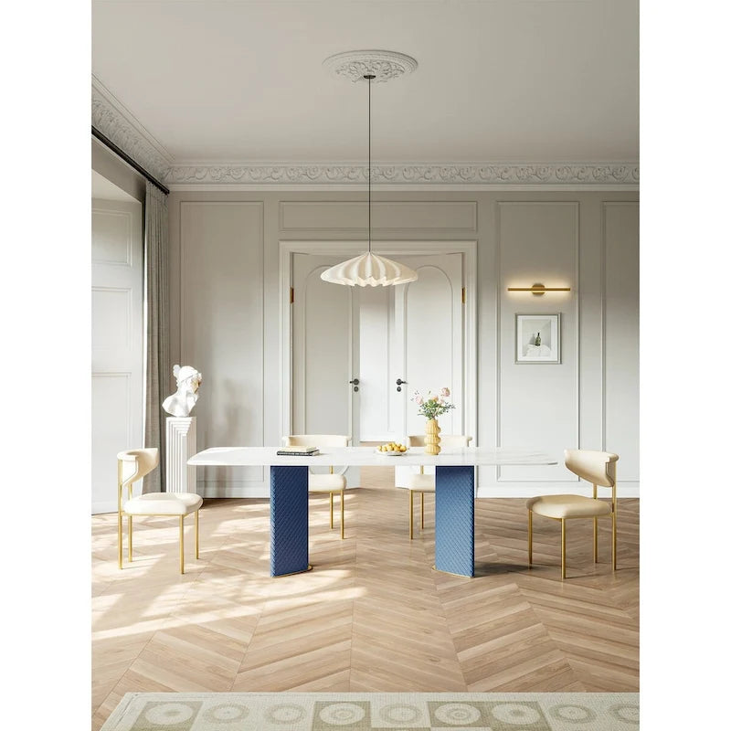 Mesa de comedor rectangular blanca de piedra sinterizada – 8 plazas, doble pedestal