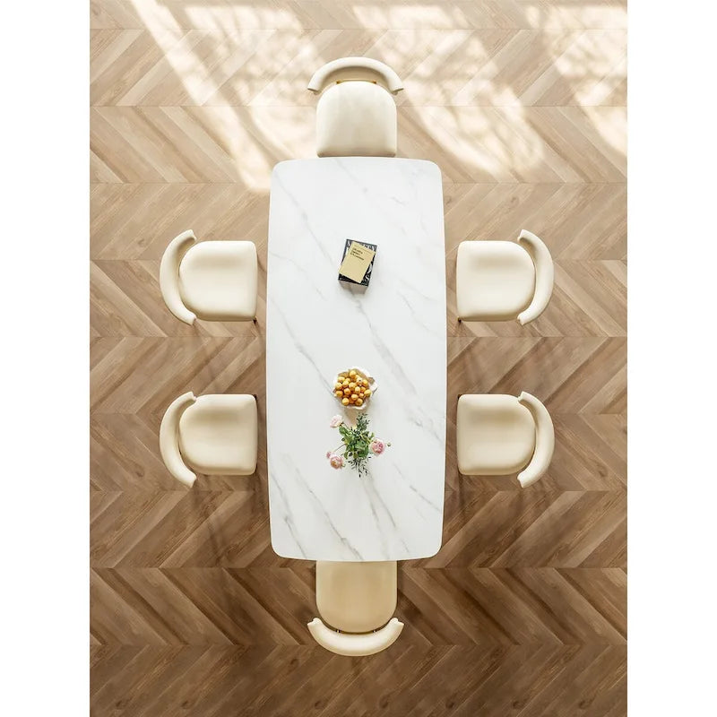 Mesa de comedor rectangular blanca de piedra sinterizada – 8 plazas, doble pedestal