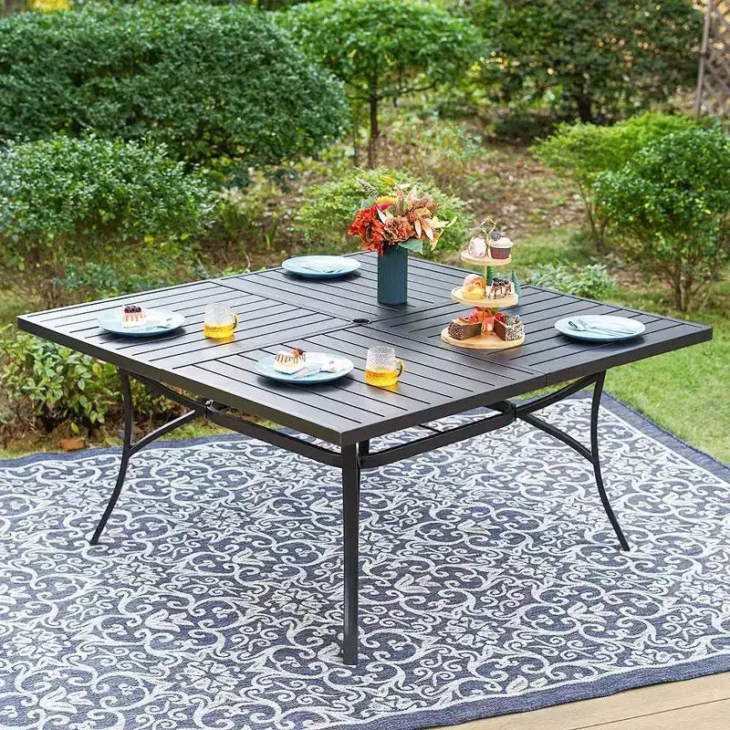 Captiva Designs 9pc Outdoor Slat-top Square Metal Dining Table and Sling Swivel Chairs