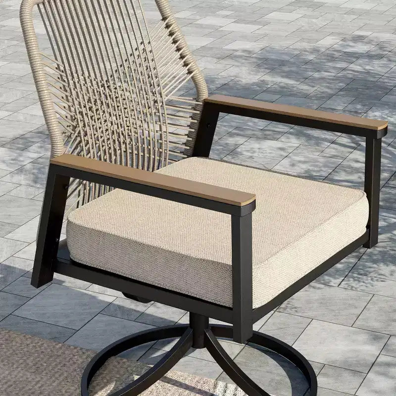 Captiva Designs 5pc Patio Slat-top Round Metal Dining Table and Thick Cushion Swivel Wicker Chairs