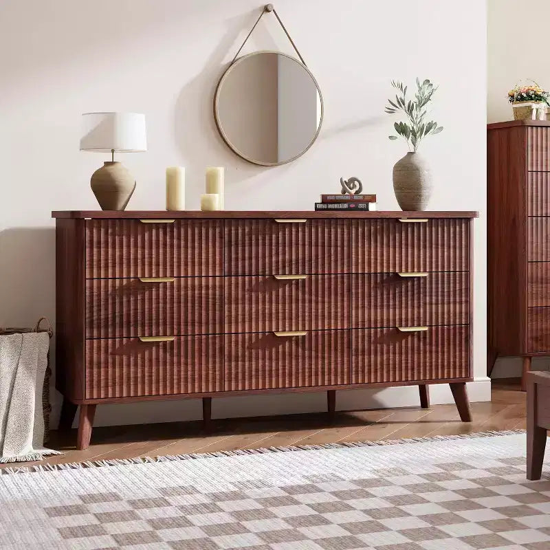 Fluted 9-Drawer Dresser, 60.6 Wide Wood Chest of Drawers with Deep Storage, for Bedroom, Living Room, or Hallway Use