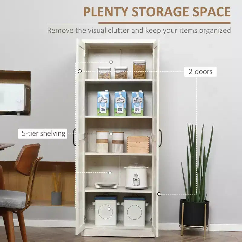 63 2-Door Kitchen Pantry, Freestanding Storage Cabinet with 5-tier Shelving and 2 Adjustable Shelves for Dining Room