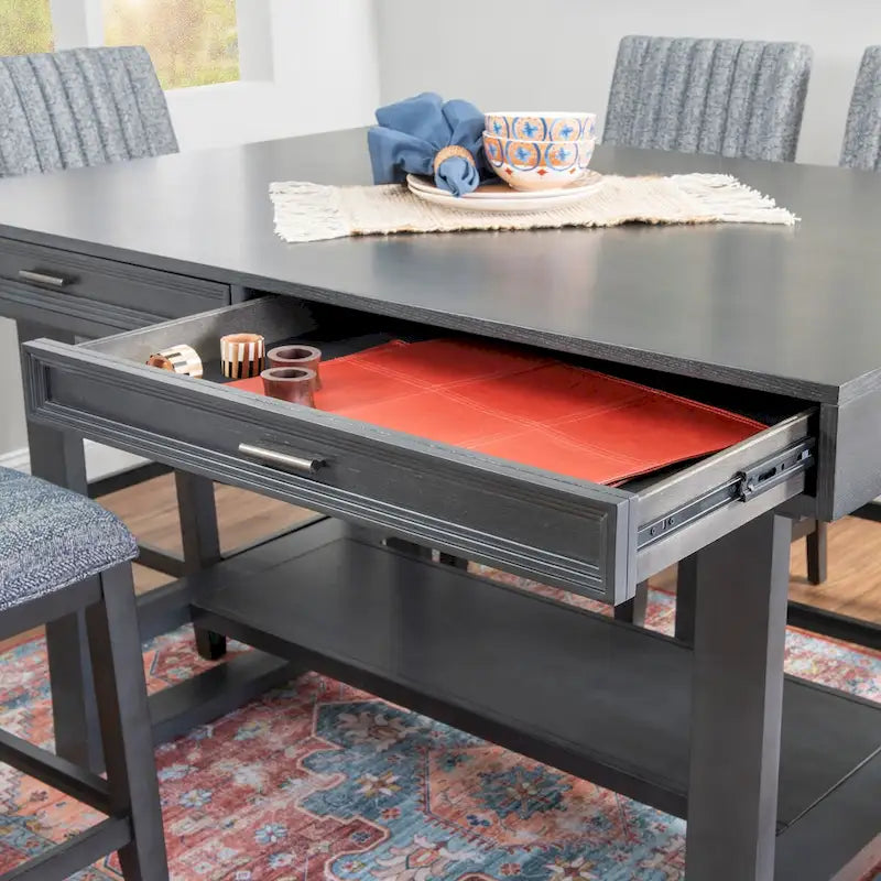Mesa de comedor a la altura de la encimera Gunmetal, carbón envejecido con almacenamiento, capacidad para 6 personas