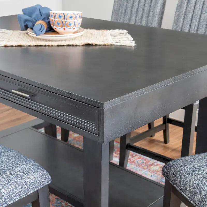 Mesa de comedor a la altura de la encimera Gunmetal, carbón envejecido con almacenamiento, capacidad para 6 personas