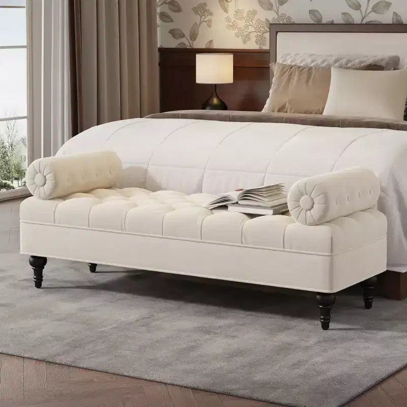 Modern End of Bed Bench for Bedroom, Velvet Upholstered Window Bench with 2 Detachable Pillows for Living Room or Entryway-Panipeachy