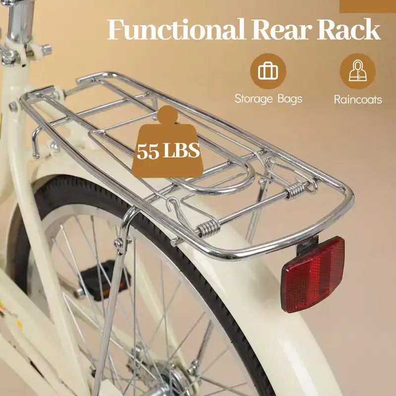 Gymax 24-Inch Beach Cruiser Bike w/Adjustable Seat Woven Basket & Rear Rack for City