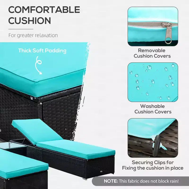 Chaise Lounge Chair Set of 2 with 5 Angle Backrest, Outdoor Coffee Table, Water Repellent Cushions, PE Rattan Wicker Poolside Chairs