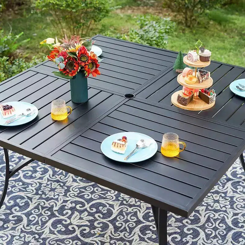 Captiva Designs 9pc Patio Slat-top Square Metal Dining Table and Padded Sling Swivel Chairs