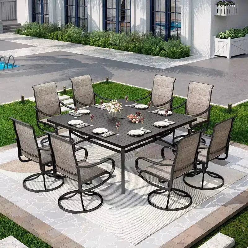 Captiva Designs 9pc Patio Slat-top Square Metal Dining Table and Padded Sling Swivel Chairs