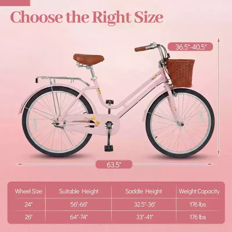 Gymax 24-Inch Beach Cruiser Bike w/Adjustable Seat Woven Basket & Rear Rack for City