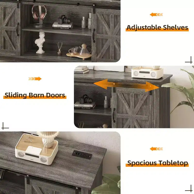 66 inch Farmhouse TV Stand for 75 Inch TVs, Media Console with Sliding Barn Door, Power Outlets & Adjustable Storage Cabinets