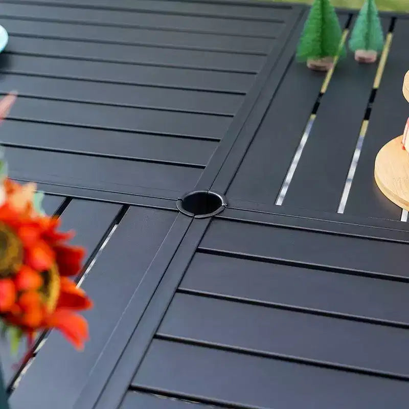 Captiva Designs 9pc Outdoor Slat-top Square Metal Dining Table and Thick Cushion Swivel Wicker Chairs