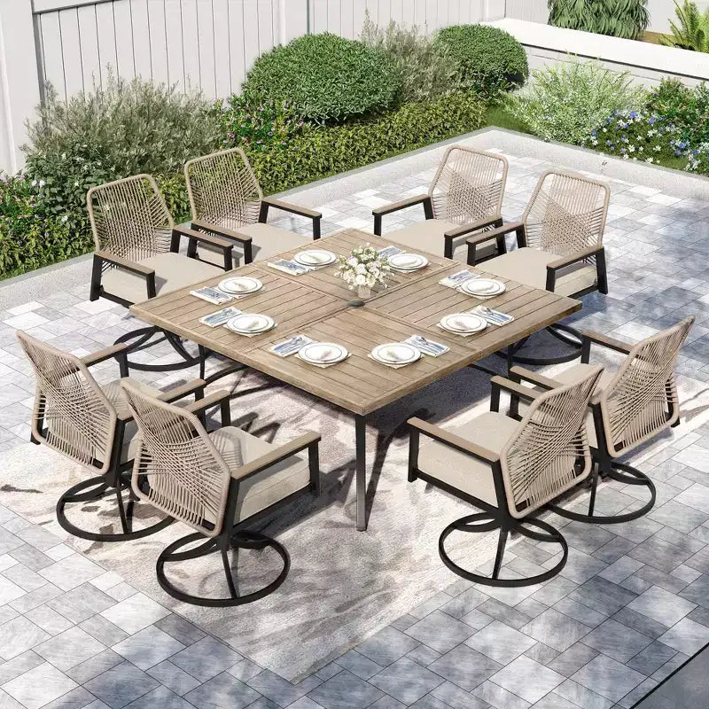 Captiva Designs 9pc Outdoor Slat-top Square Metal Dining Table and Thick Cushion Swivel Wicker Chairs