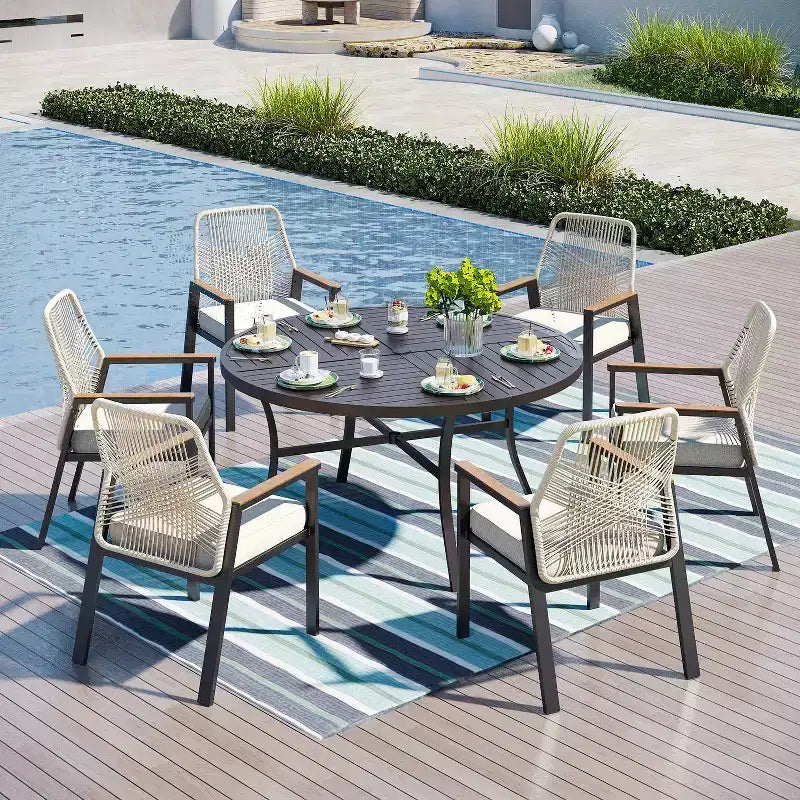 Captiva Designs 7pc Slat-top Round Steel Dining Table and Swivel Wicker Chairs with Thick Cushions