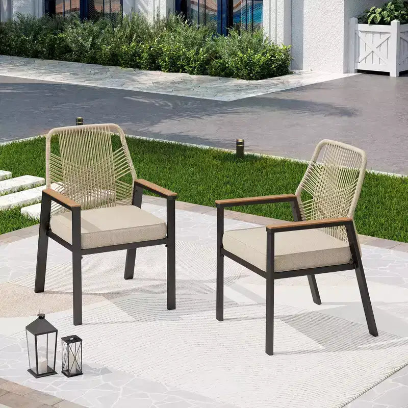 Captiva Designs 9pc Outdoor Dining Rectangle Steel Table and Thick Cushion Fixed Wicker Chairs
