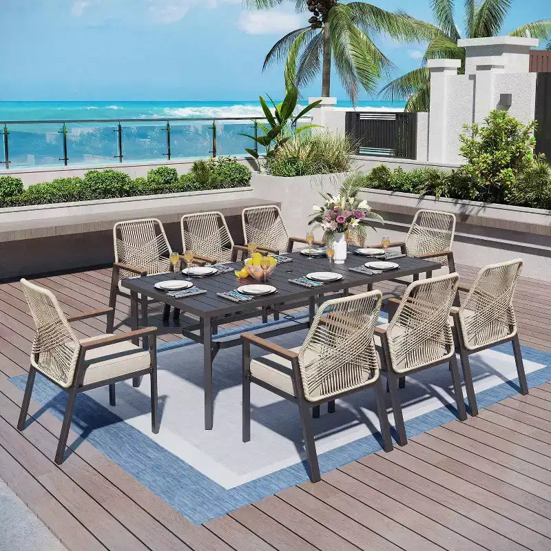 Captiva Designs 9pc Outdoor Dining Rectangle Steel Table and Thick Cushion Fixed Wicker Chairs