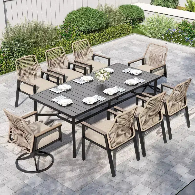 Captiva Designs 9pc Outdoor Dining Rectangle Steel Table and Thick Cushion Fixed Wicker Chairs