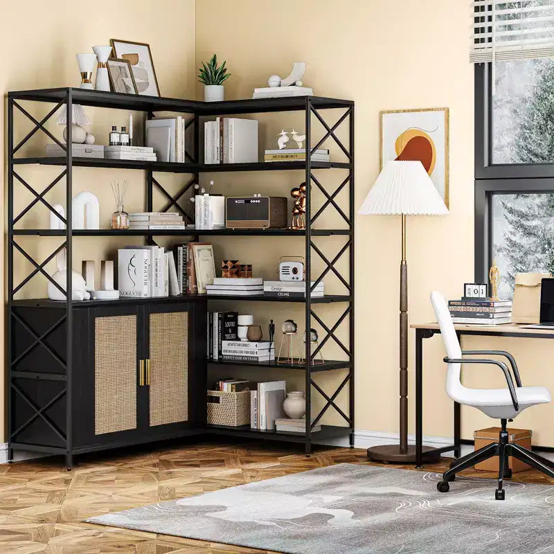 Corner Bookshelf - 6 Tier Corner Book Shelf with Storage, Farmhouse L Shaped Book-Shelf with Cabinet, Modern Industrial Bookcase for Home Office