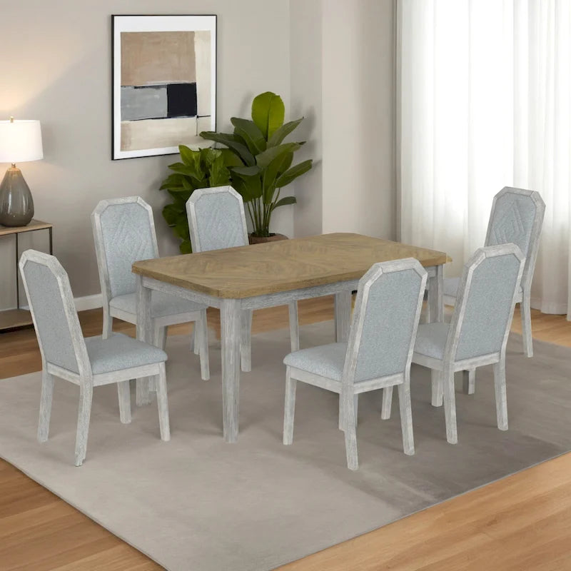 Juego de comedor de casa de campo de 7 piezas, mesa rústica clásica y 6 sillas de respaldo alto para comedor