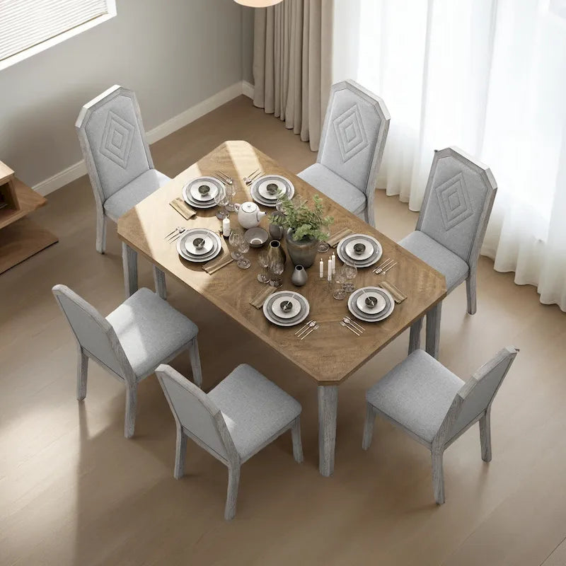 Ensemble de salle à manger 7 pièces de style rustique classique avec 1 table et 6 chaises à dossier haut pour la salle à manger