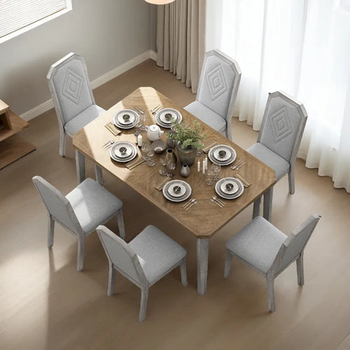 Juego de comedor de casa de campo de 7 piezas, mesa rústica clásica y 6 sillas de respaldo alto para comedor
