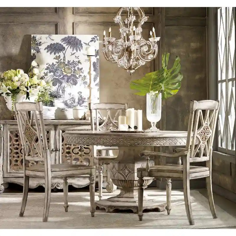 Mesa de comedor redonda blanca decapada con extensión, para 4-6 personas