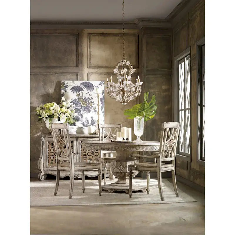 Mesa de comedor redonda blanca decapada con extensión, para 4-6 personas