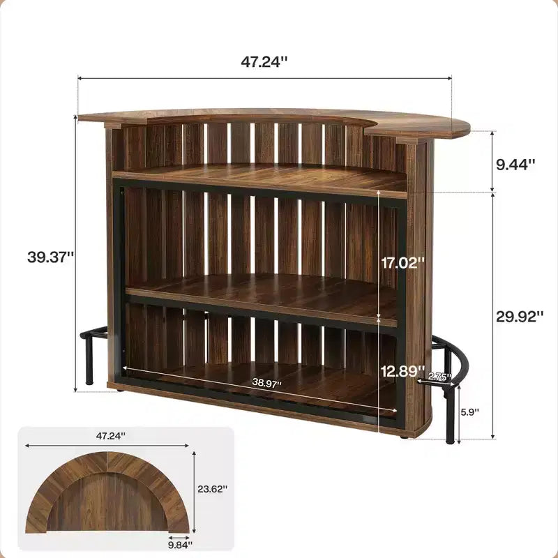 Arc-Shaped 4-Tier Storage Mini Bar Table, Modern Rustic Home Bar Cabinet with Footrest & MDF Construction
