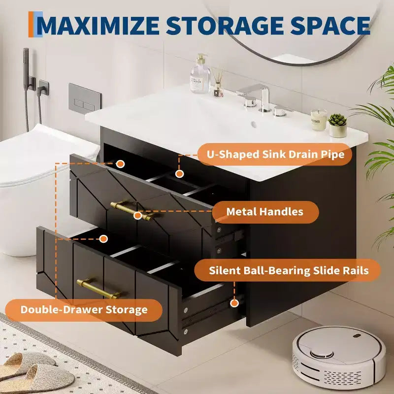 Modern Floating Bathroom Vanity Set with Basin - Wall-Mounted Cabinet with Soft-Close Storage Drawer and Gold Handle, 24 or 30 Size