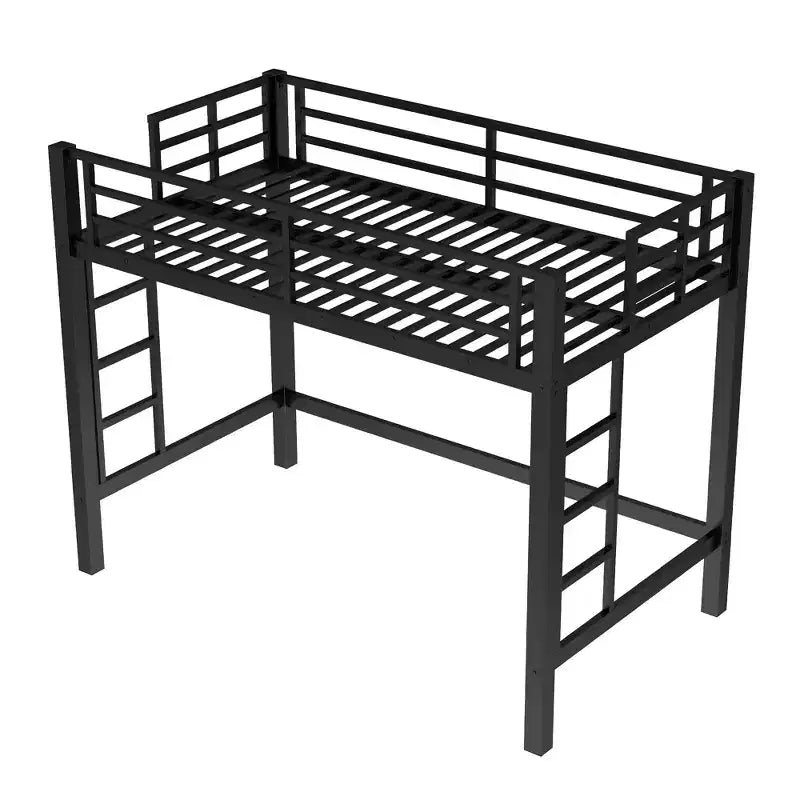 Metal Loft Bed, Space-Saving Loft Bed Frame with Dual Ladders & Guardrails, Black - ModernLuxe