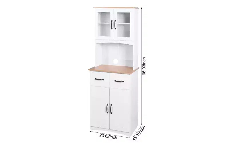 23 Wooden Kitchen Cabinet, Pantry Microwave Cabinet with Glass Doors and Drawers, Adjustable Shelves, White
