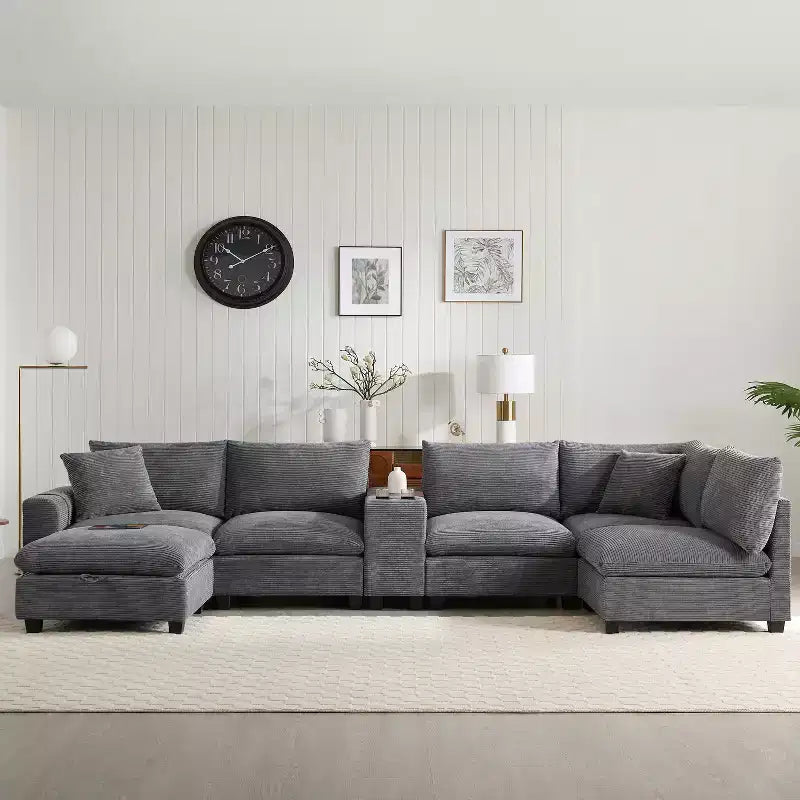 Canapé sectionnel modulaire surdimensionné Clihome 140 avec pouf de rangement mobile, porte-gobelet, siège large, chargeur USB, canapé en velours côtelé en forme de U à 6 places