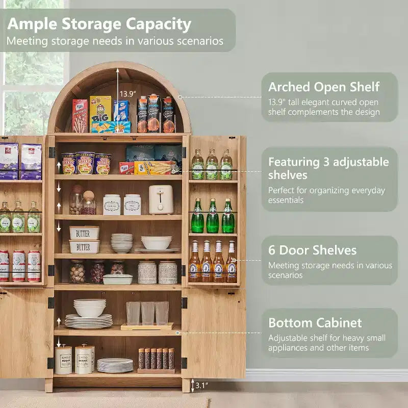 71 Tall Arched Kitchen Pantry, Modern Storage Cabinet with 3 Adjustable Shelves, 6 Door Shelves, for Kitchen, Living Room