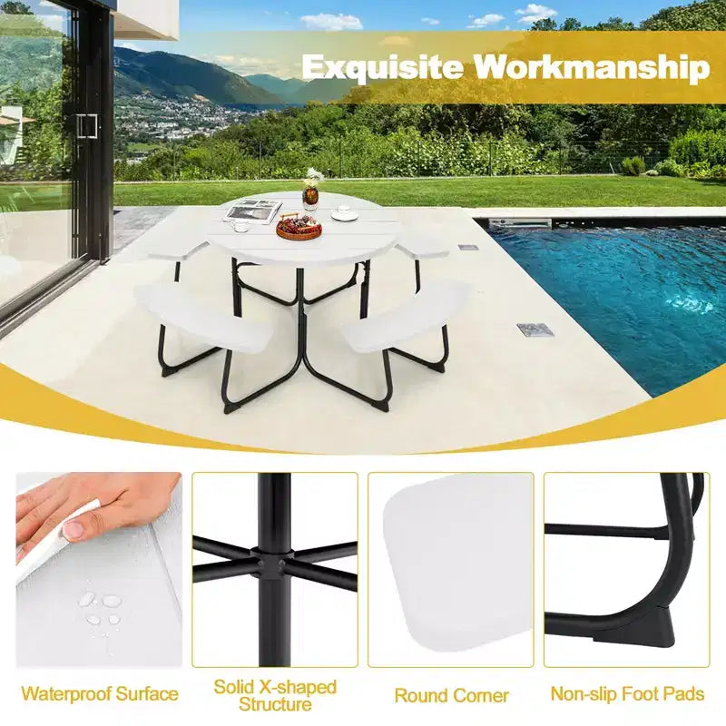 Costway Outdoor 8-person Round Picnic Table Bench Set with 4 Benches & Umbrella Hole Black/Grey/Green/White