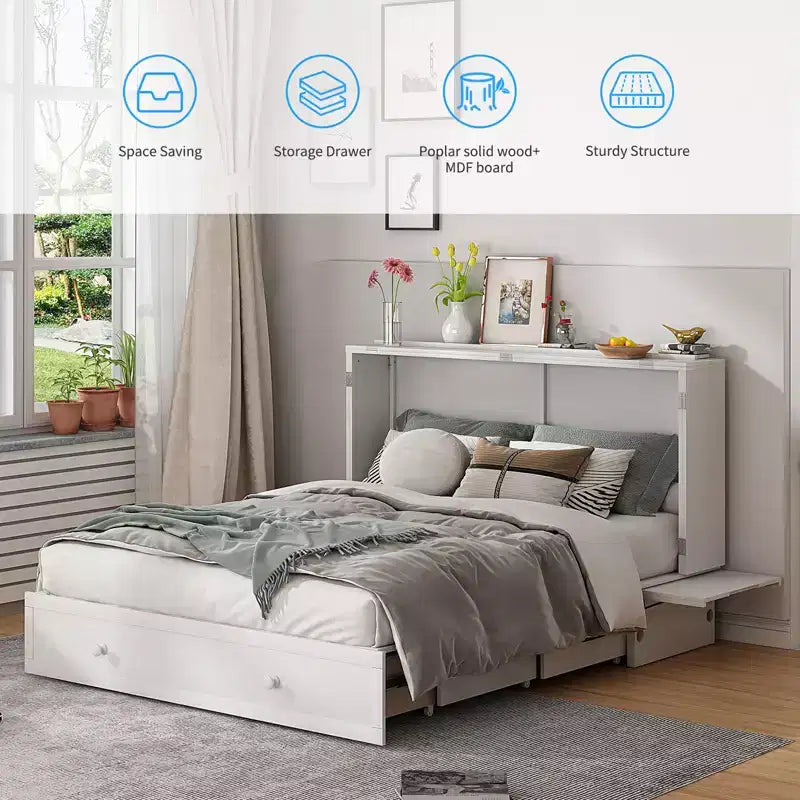 Mjkone Murphy Bed Queen,Cube Cabinet Chest Bed with Charging Station&Storage Space