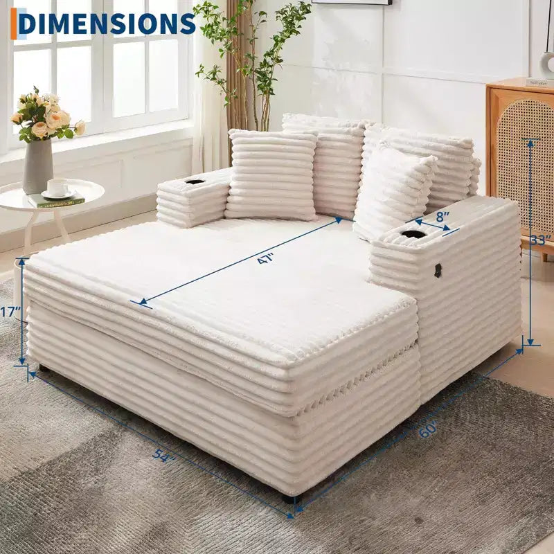 Corduroy 3-Seat Lounge Sofa with Cup Holders & Charging Ports