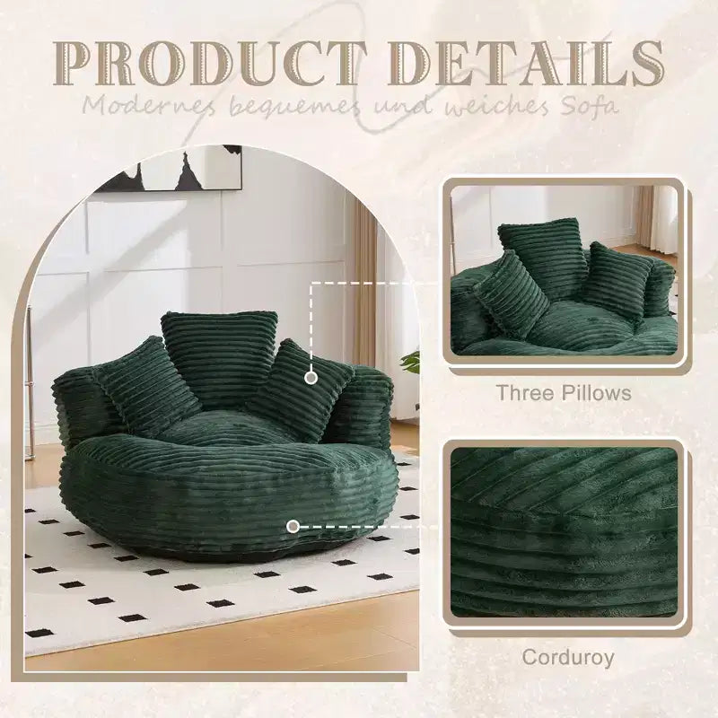 Bean Bag Sofa for Adults Kids, Oversized Corduroy Bean Bag Chair with 3 Pillows & Armrest for Living Room Bedroom
