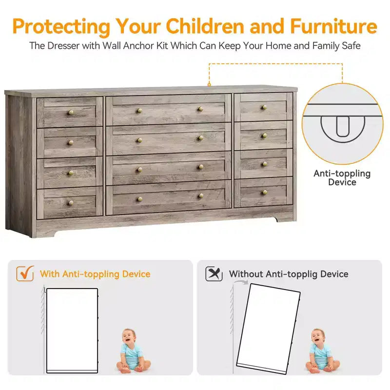 12 Drawers Dresser for Bedroom Wooden, Modern Wide TV Stand Dressers for 65 Inch TV, Wood Chest of Drawers, Farmhouse Clothes Storage for Living Room