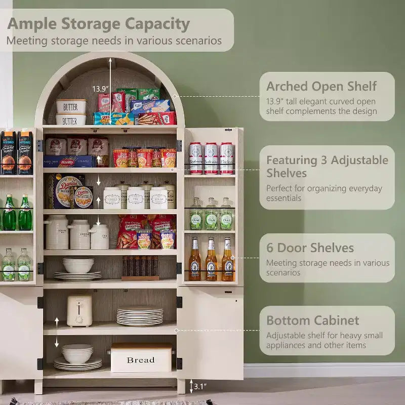 71 Tall Arched Kitchen Pantry, Modern Storage Cabinet with 3 Adjustable Shelves, 6 Door Shelves, for Kitchen, Living Room
