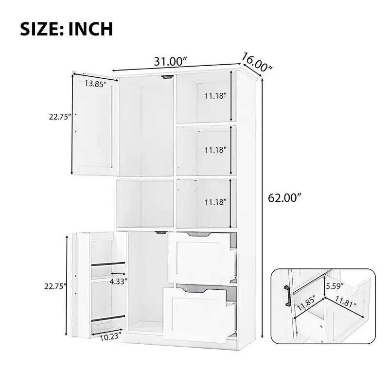 62 Tall Bathroom Storage Cabinet, Freestanding Floor Storage Cabinet With Drawer & Adjustable Shelf, Pantry Storage Cabinet For Bathroom Living Room