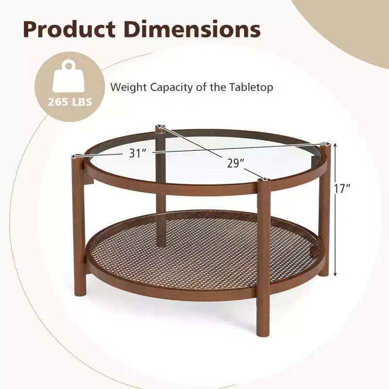 31 Round Coffee Table with Tempered Glass Top & Rattan Shelf