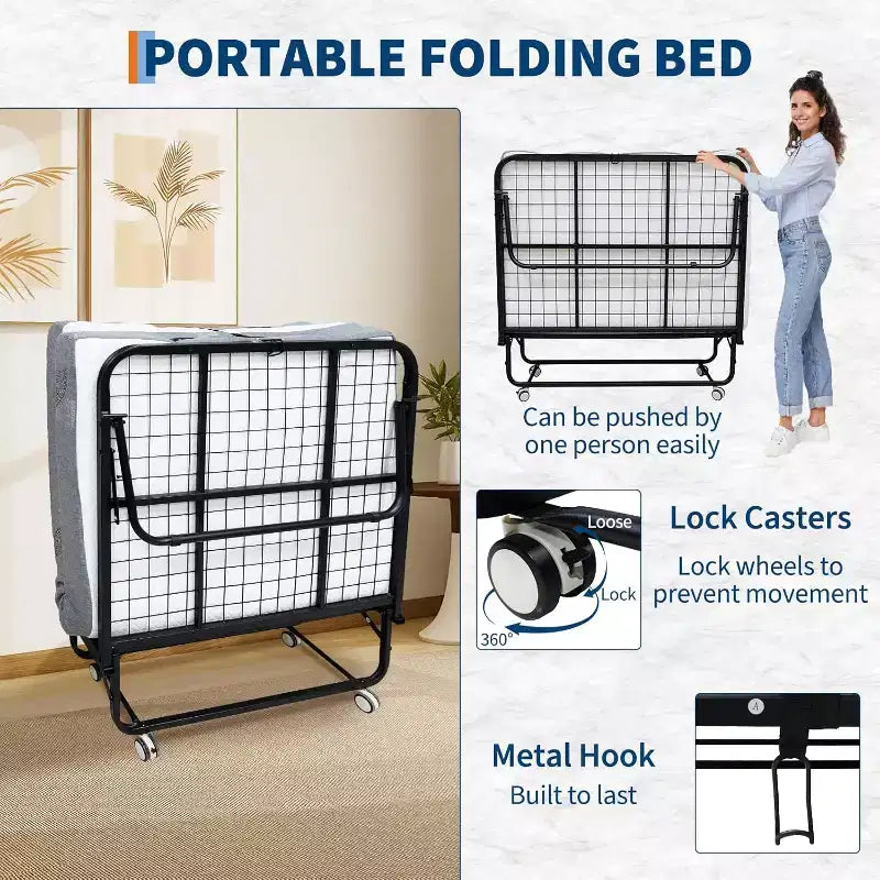 Lit pliant avec matelas pour adultes, lits d'appoint portables, lit pliant avec cadre en métal, matelas en mousse à mémoire de forme 5 et poche de rangement latérale