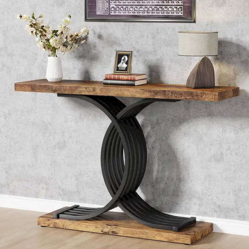 Black/ Gold Modern Sofa Table with Faux Marble Tabletop, 39 Inches Wood Foyer Table with Geometric Metal Legs for Entryway