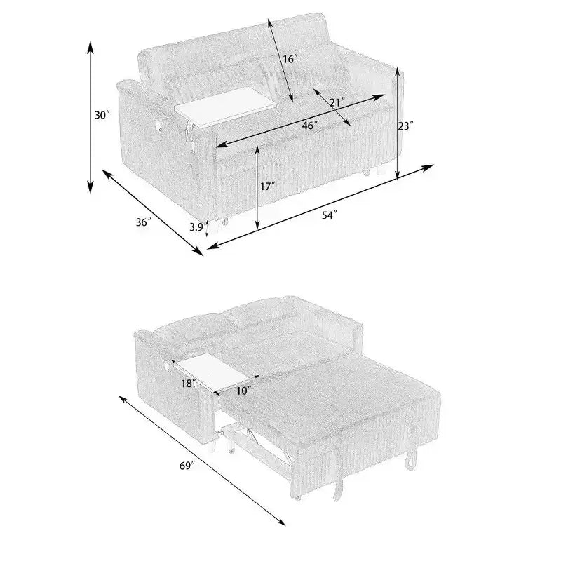 TUYOHW Space-Saving Convertible Sofa,Corduroy Sofa Bed with Movable Tabletop & USB Port,Multi-Functional Loveseat for Living Room