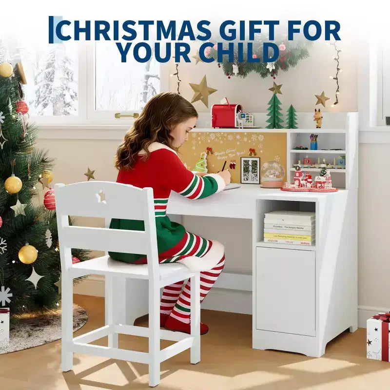 Kids Study Desk & Chair Set with Storage, Kids Study Desk with Hutch and Tiltable, Wooden Children Table with Storage Cabinet for 3-8 Years Old