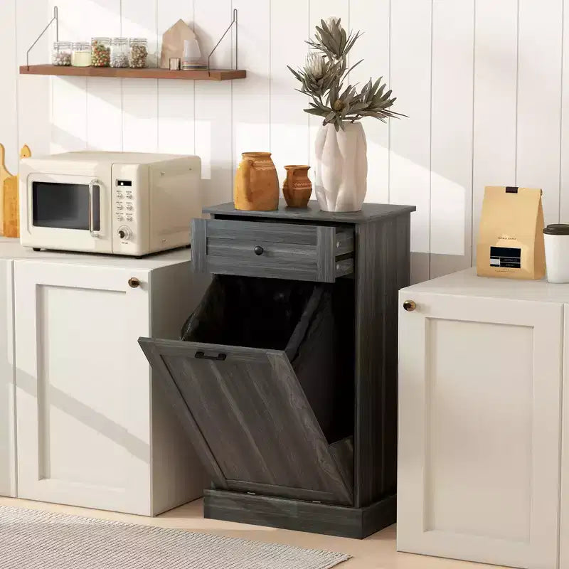 HOMCOM Kitchen Tilt Out Trash Bin Cabinet Free Standing Recycling Cabinet Trash Can Holder With Drawer