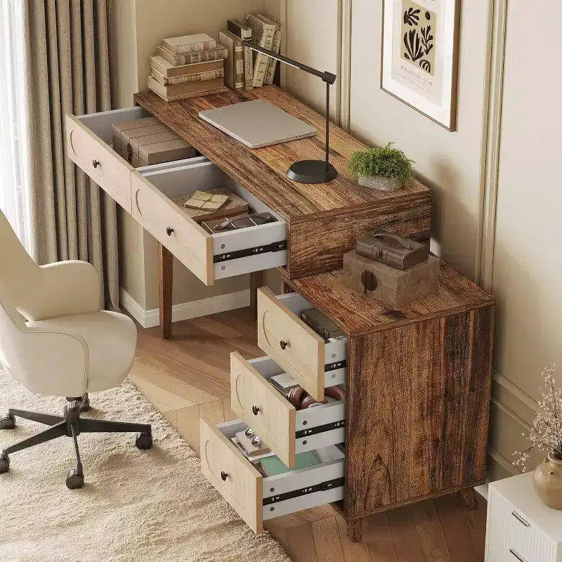 Lantine 39-Inch Writing Desk with 5 Drawers & Retractable Cabinet, Small Expandable Computer and Vanity Table for Small Spaces, Brown