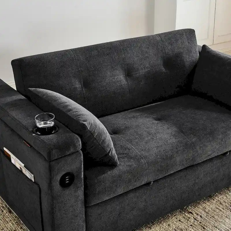 54 Pull-Out Sleeper Sofa Bed, 2 Seat Recliner Sofa Bed with Storage, Lumbar Pillow, USB Power Outlet
